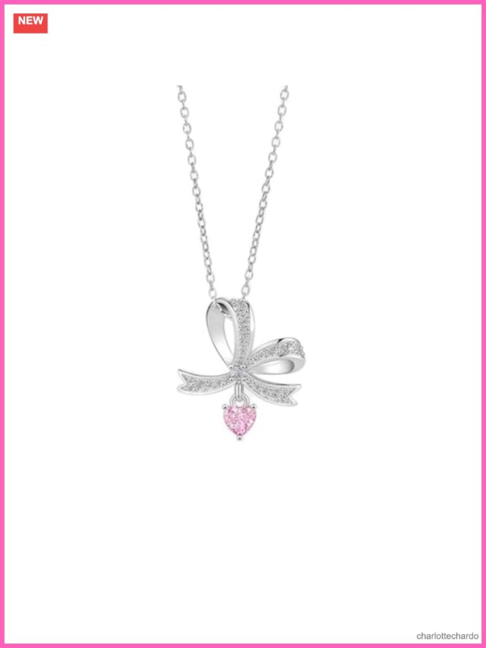 Bow Necklace Pink Heart Cubic Zirconia Stainless Steel Pendant Women